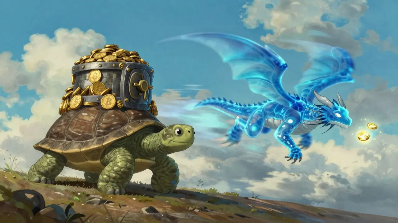 Ghibli-style art showing a slow turtle with gold versus a fast dragon with tokens, symbolizing blockchain types.