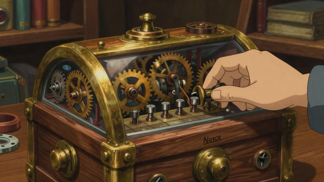 Ghibli style character solving a mechanical crypto puzzle