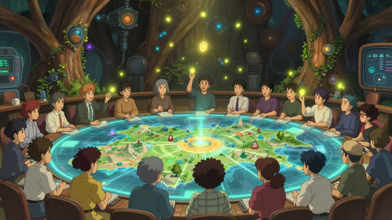 Ghibli style characters voting with glowing tokens in organic hall