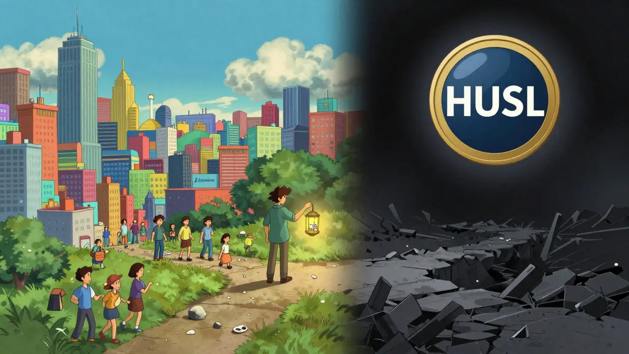 Ghibli-style contrast between a vibrant safe crypto city and a dark risky path