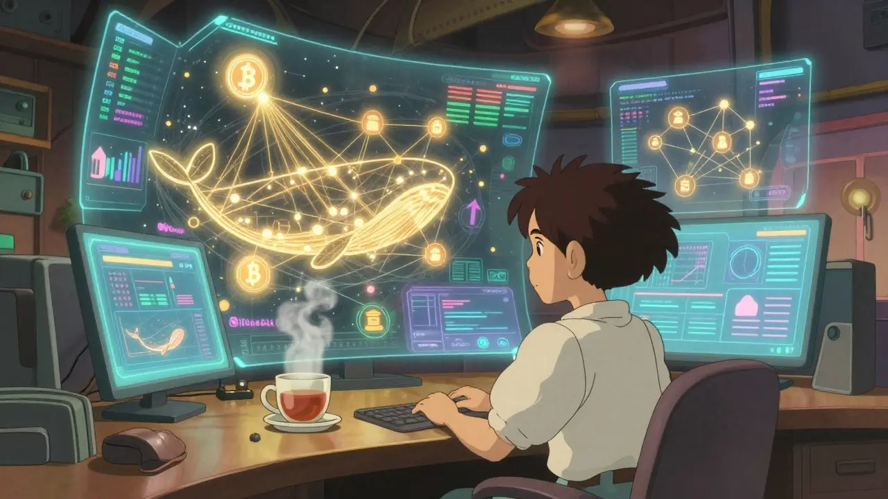 Ghibli style cozy room with floating holographic crypto data maps and a focused analyst