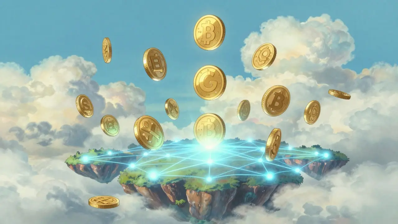 Ghibli style floating golden coins and cloud network
