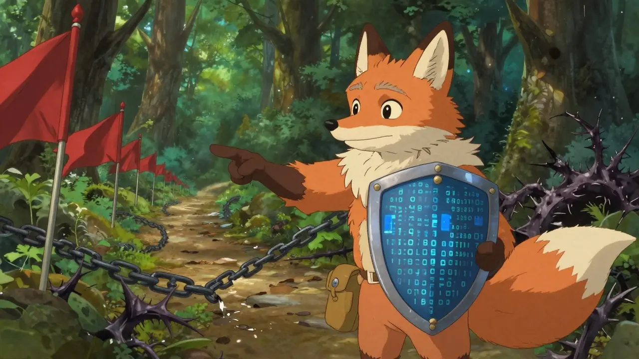 Ghibli-style fox guardian teaching crypto safety measures