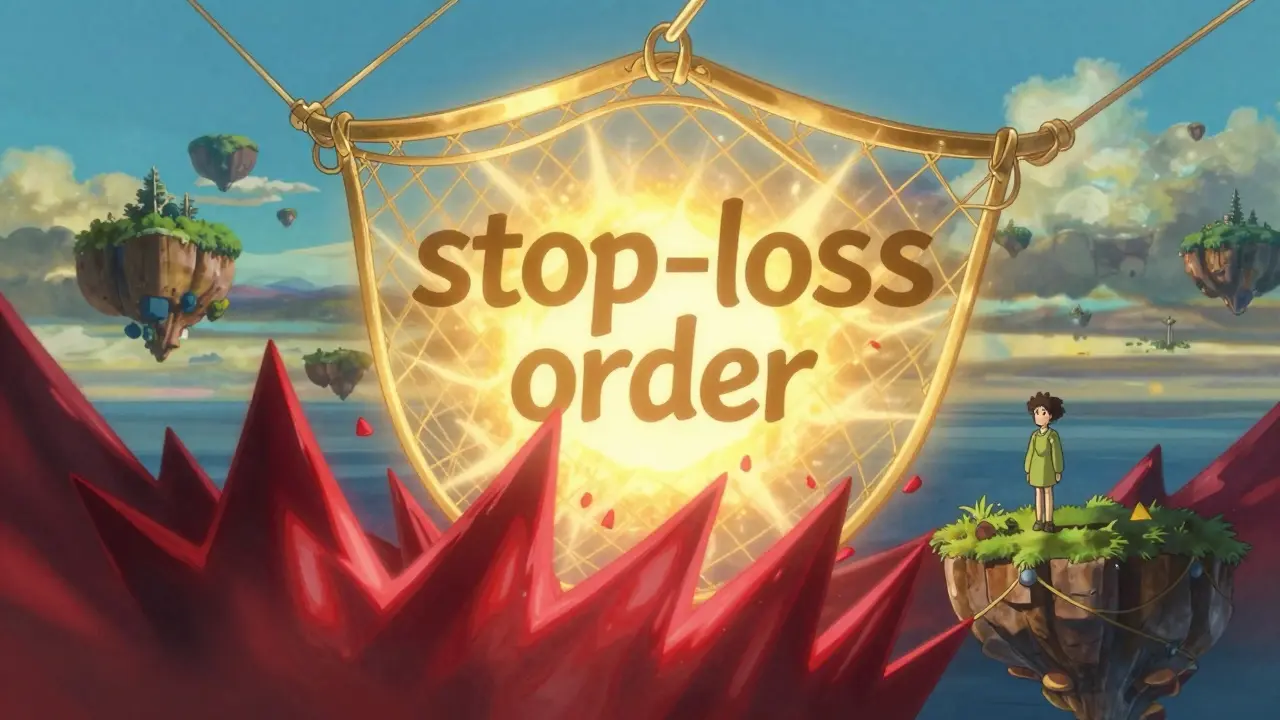Ghibli style golden shield protecting a character from red market volatility waves