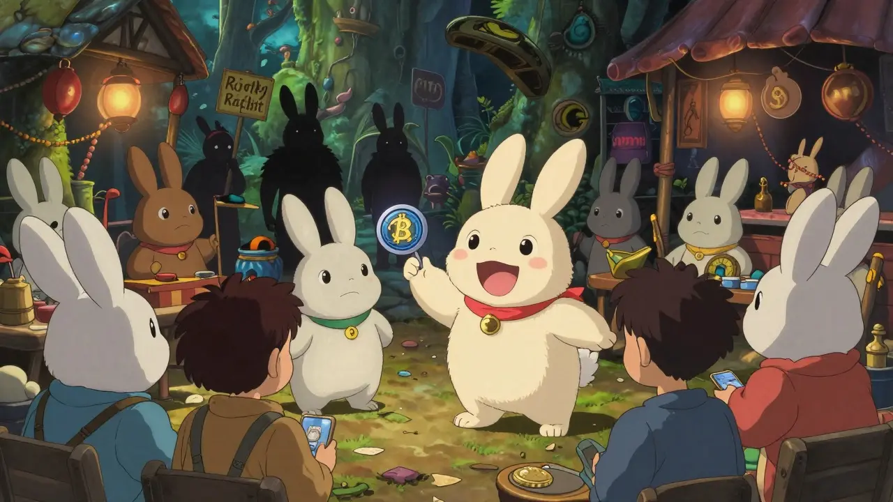 Ghibli-style rabbits distinguishing legit crypto from scams