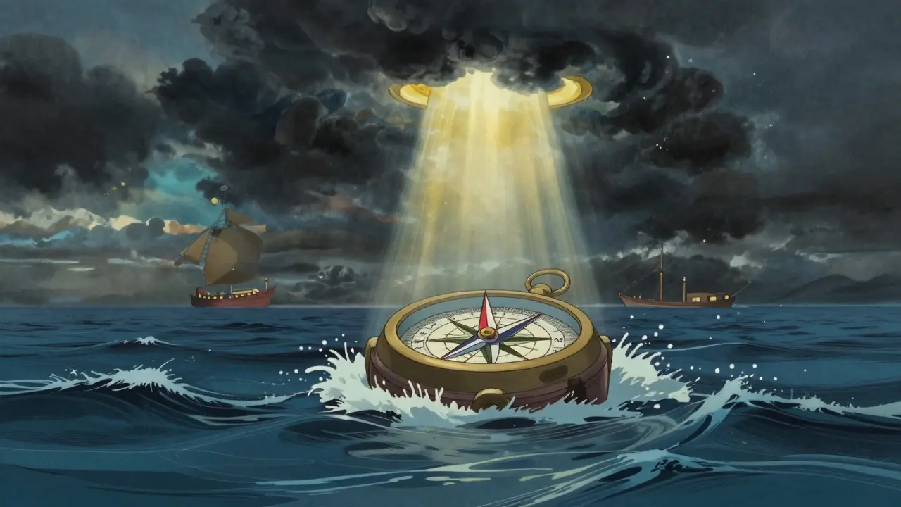 Ghibli-style sailor using a steady compass to navigate stormy financial seas.