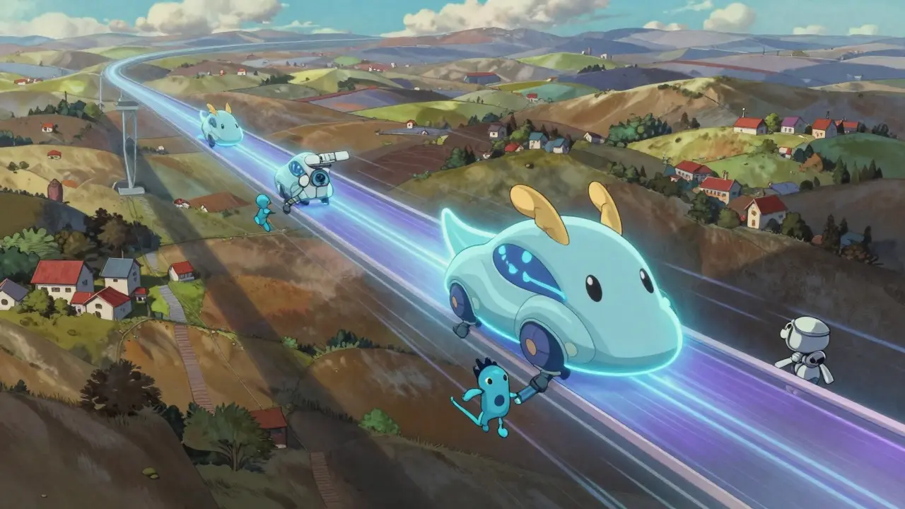 Ghibli-style spirit vehicles on a glowing data highway