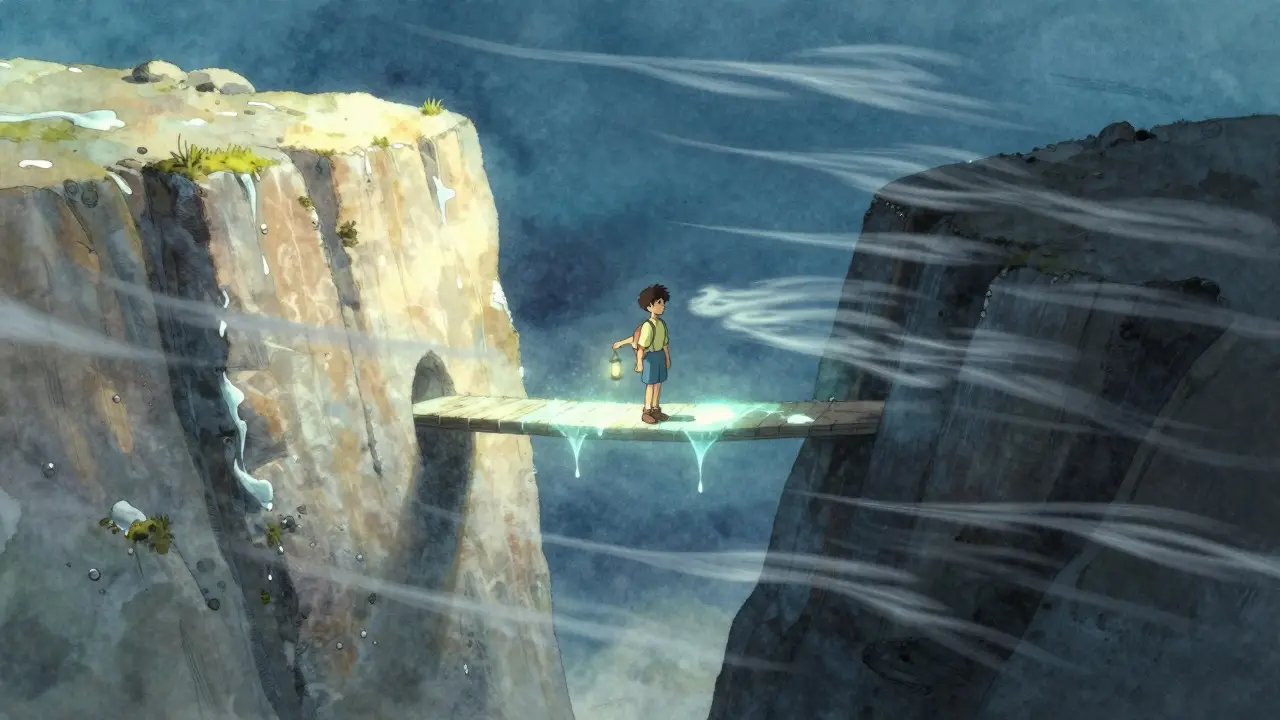 Ghibli-style traveler on a light bridge symbolizing concentrated liquidity risks