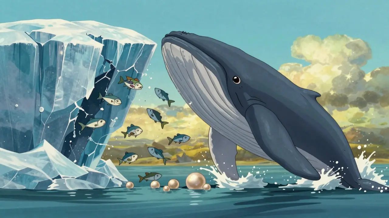 Illustration of a whale breaking ice shelves to gather pearls, symbolizing a market trap