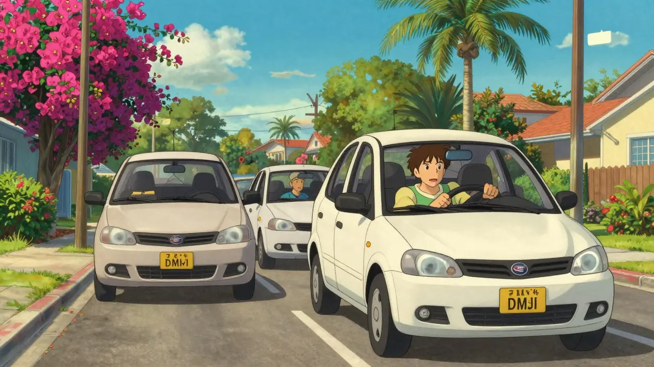 New driver taking a parallel parking test in a DMV car on a sunny Florida street with an examiner.