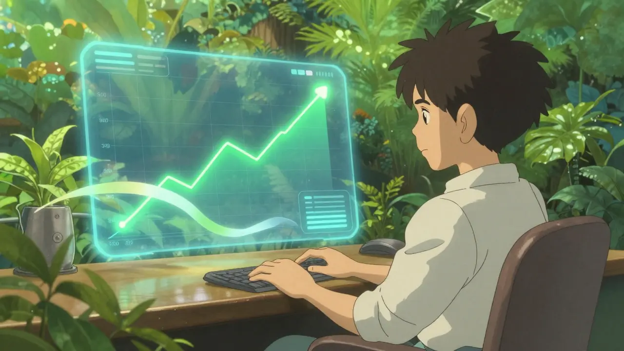 Peaceful anime trader in a garden office with a smooth green trend line