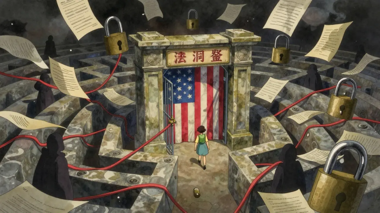 Person navigating a maze of legal documents and padlocks