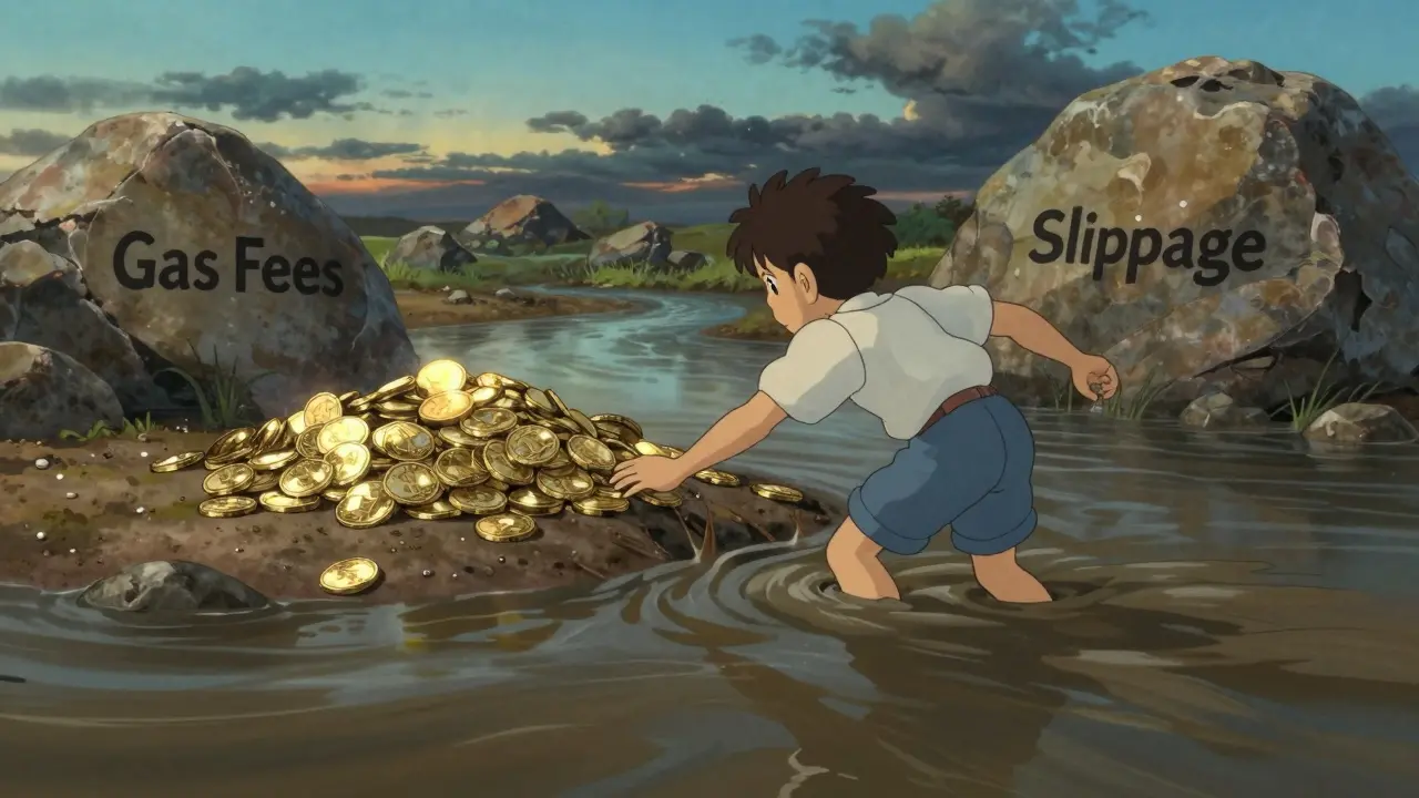 Person struggling through muddy water with heavy rocks to reach distant coins
