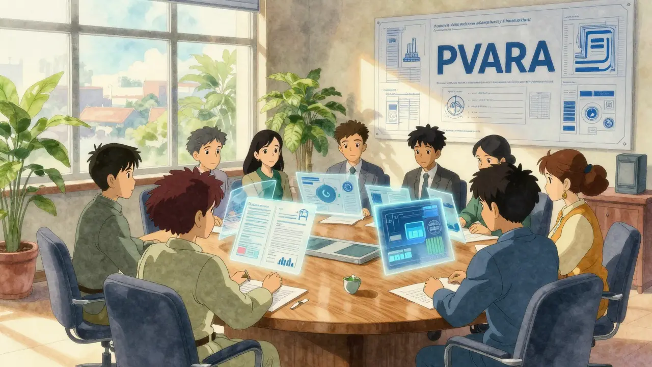 Professionals reviewing holographic data in serene PVARA office setting