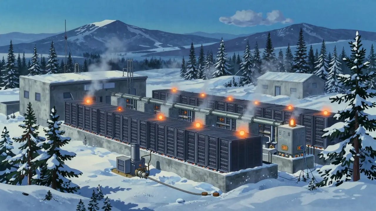 Siberian crypto mining farm with servers in snowy landscape.