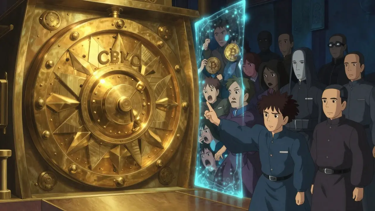 Split scene showing state-controlled vs banned crypto assets