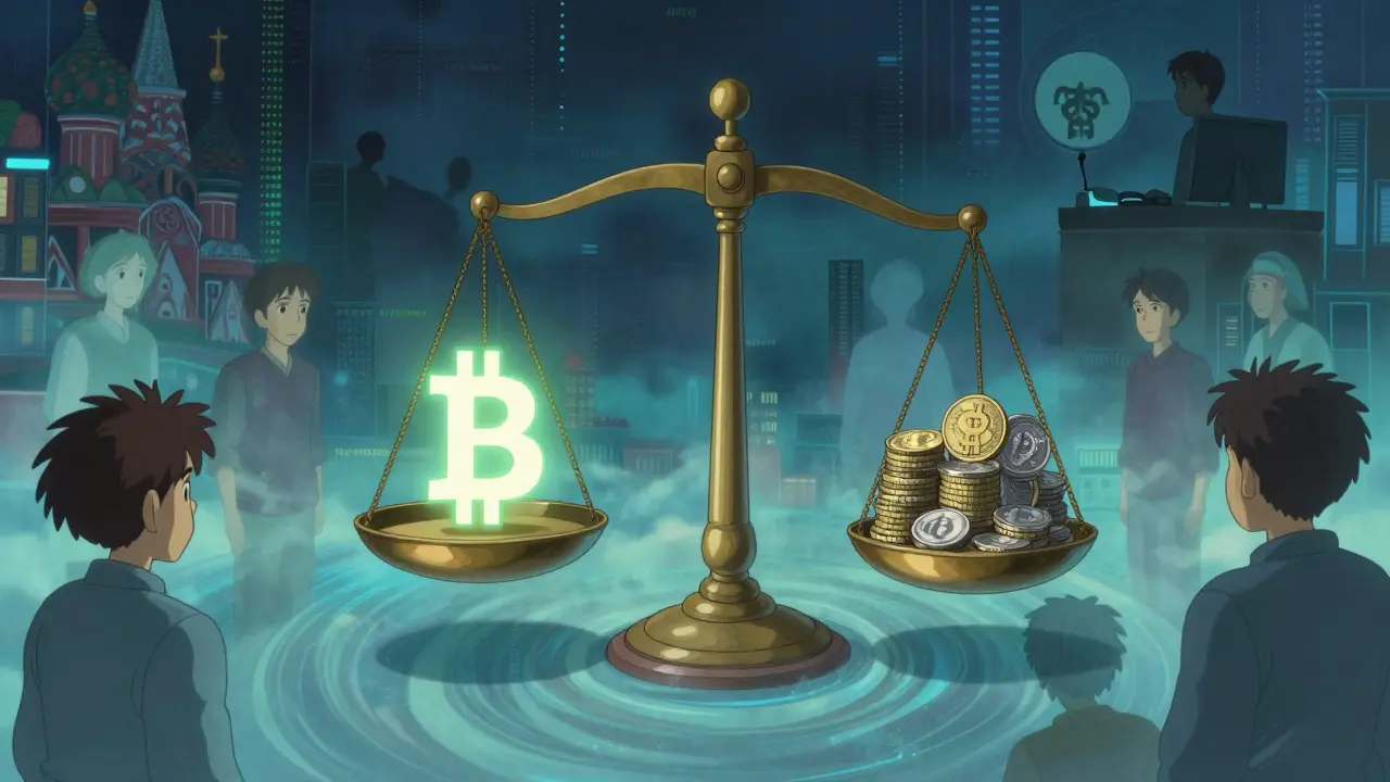 Symbolic scale balancing crypto and rubles with tax shadows.