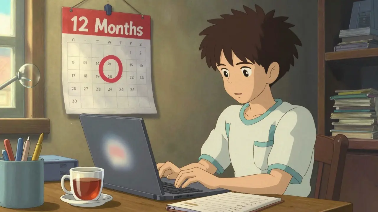 Teenager studying for driver's ed course with a calendar marking the 12-month permit wait period.