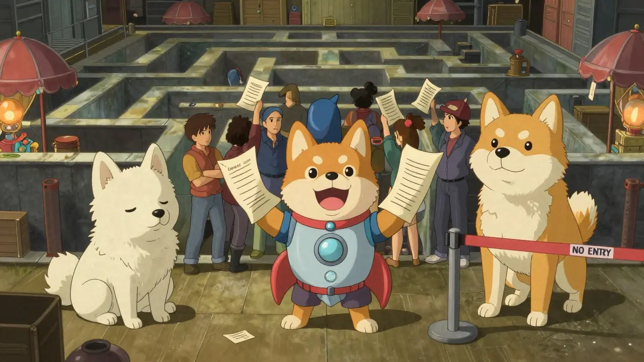 Three different dog characters in a busy market, representing confused crypto tokens
