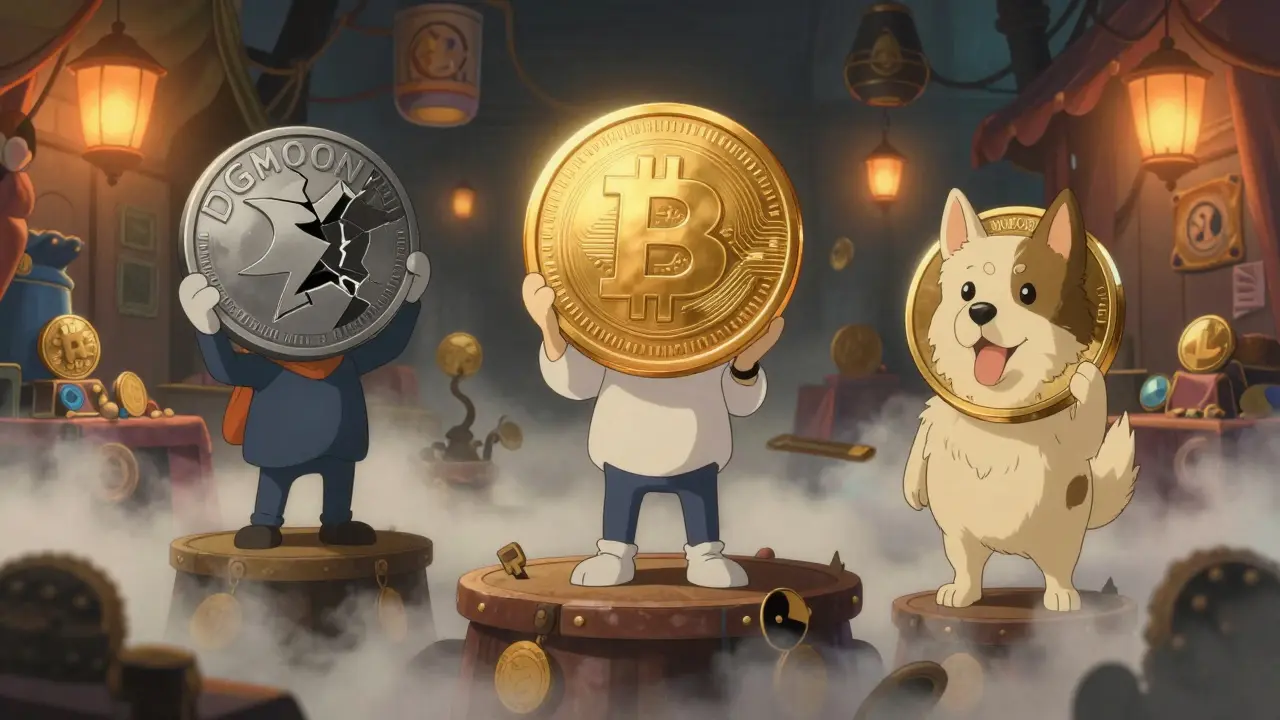 Three figures with different coins in misty market, showing token confusion