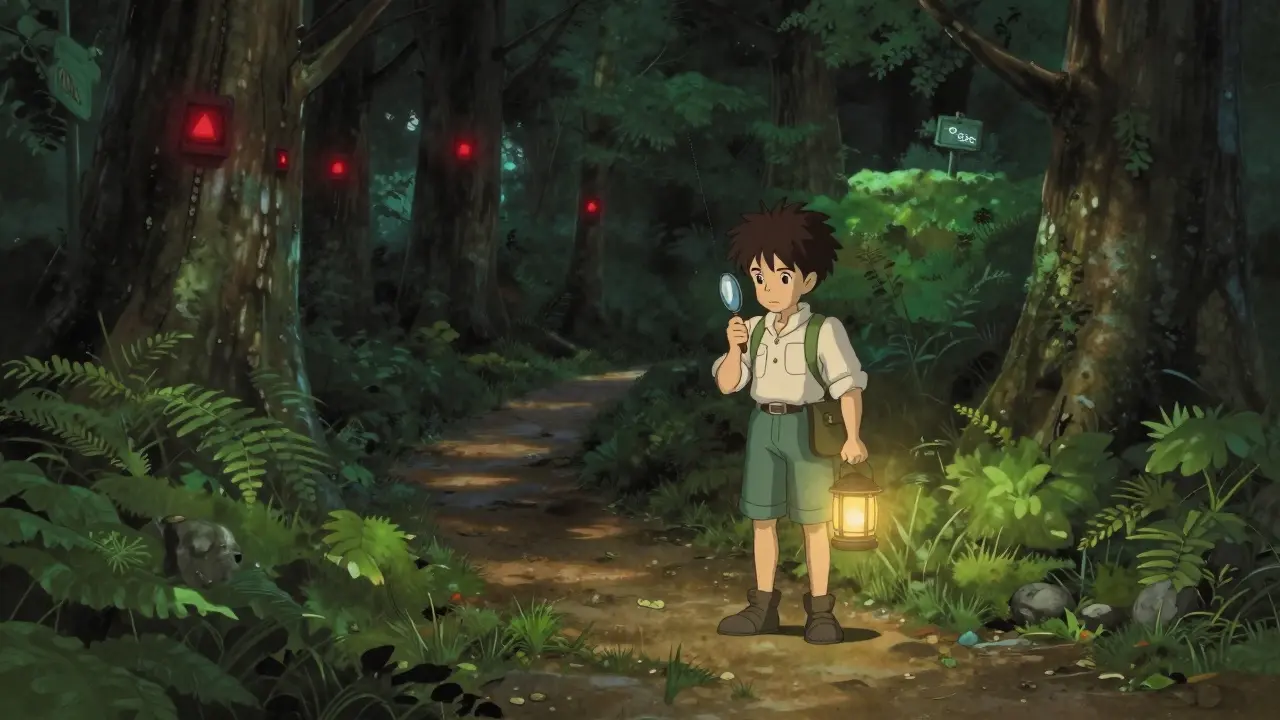 Traveler choosing safe path over dark scam trail in anime style forest