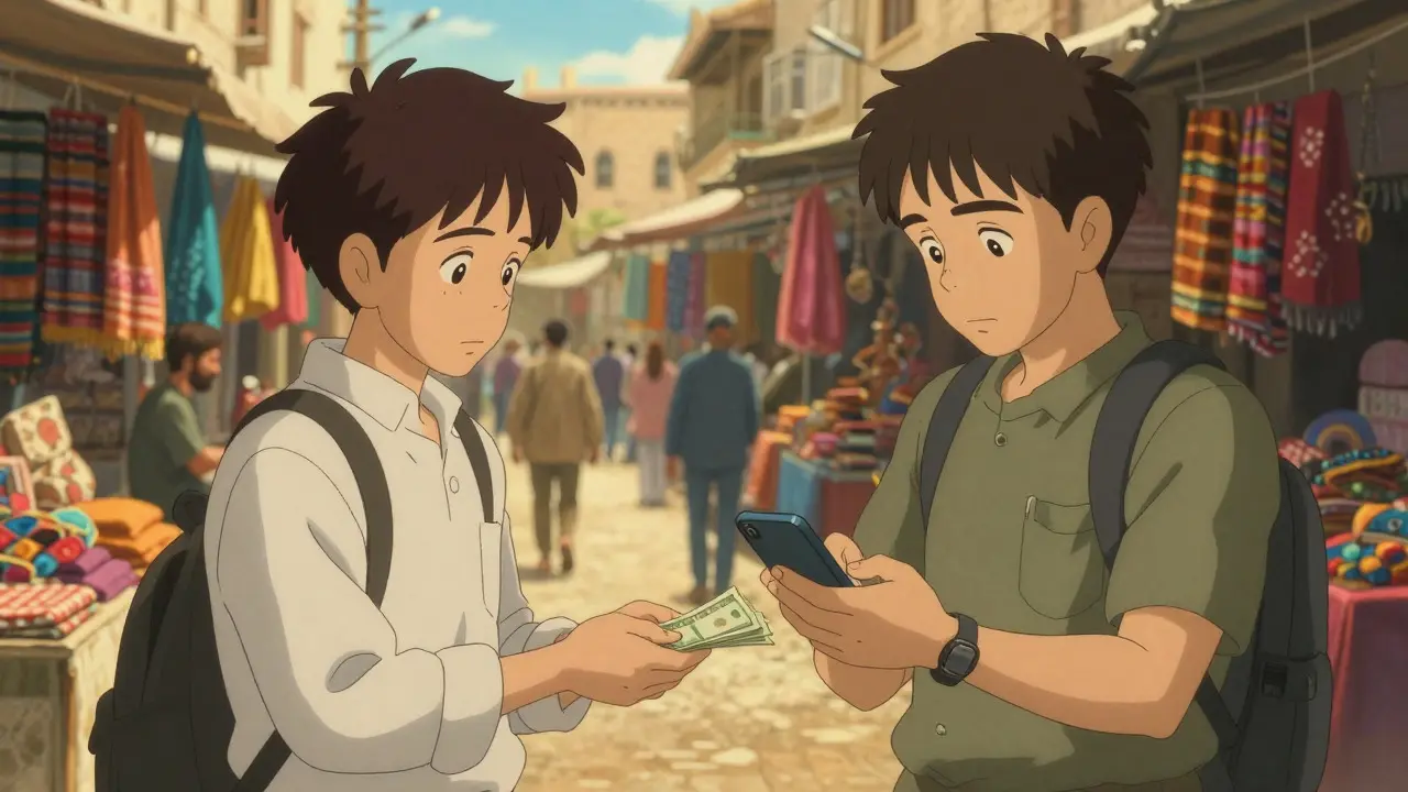 Two people trading cash for crypto in a sunny marketplace
