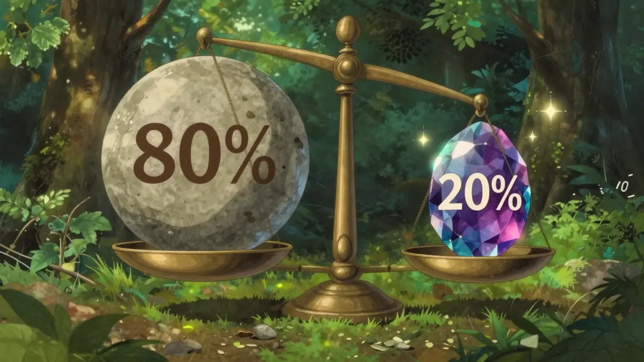 Whimsical Ghibli art of a weighted scale showing 80/20 asset distribution