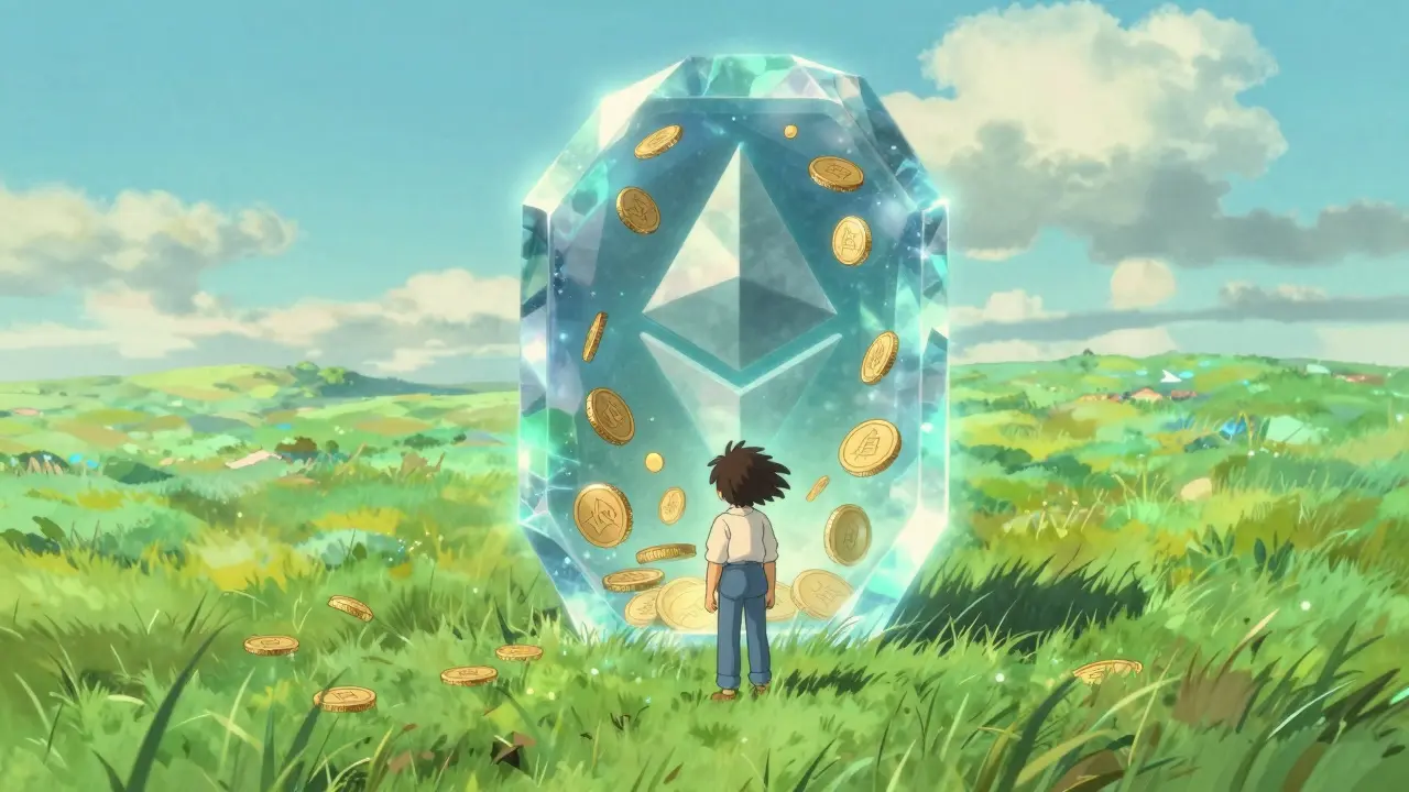 Whimsical Ghibli machine illustrating dual-layer crypto staking process