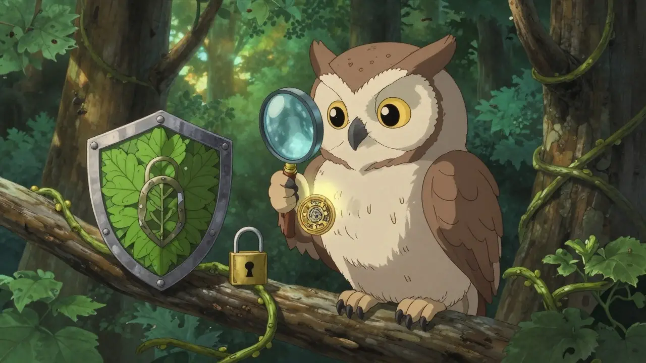 Wise owl inspecting a token in a forest setting