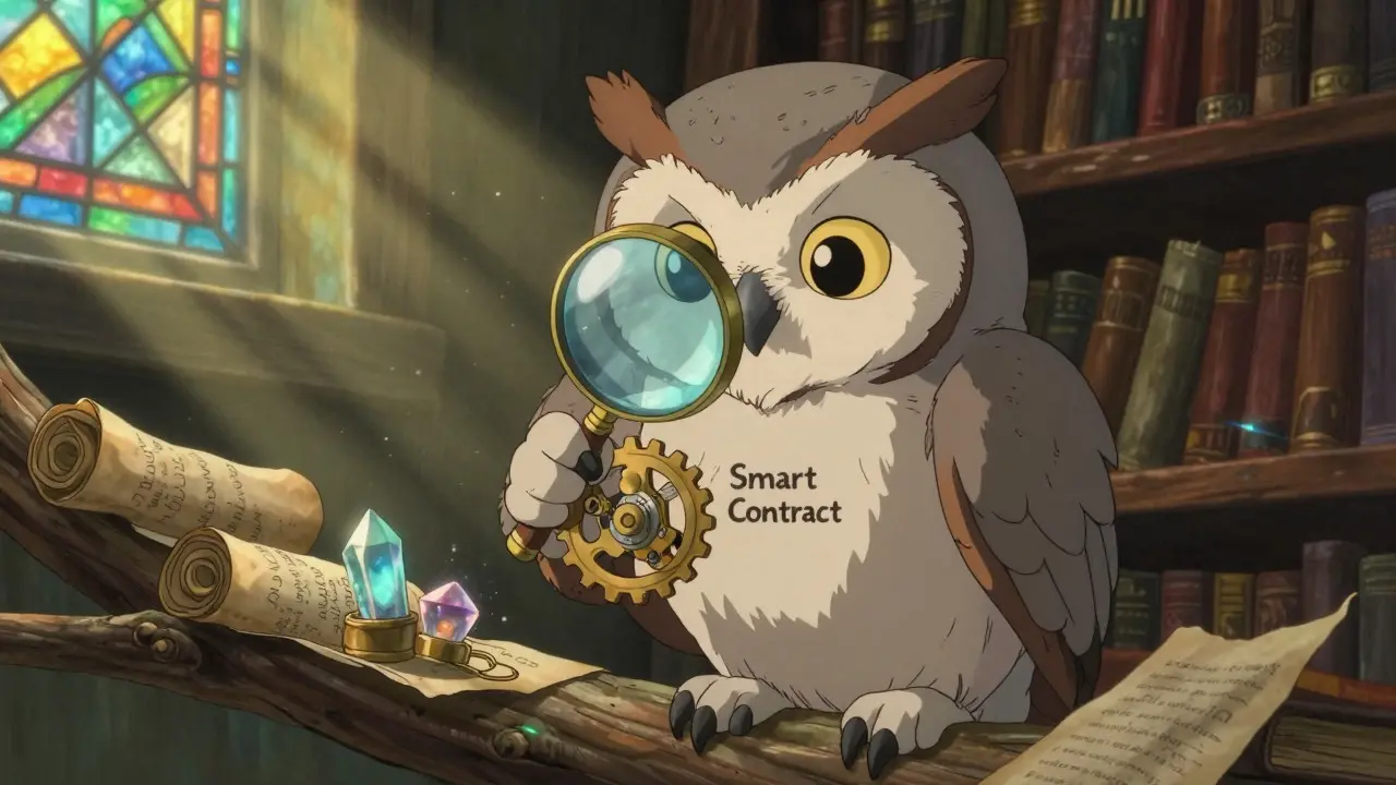 Wise owl inspecting smart contract gears in a sunlit library