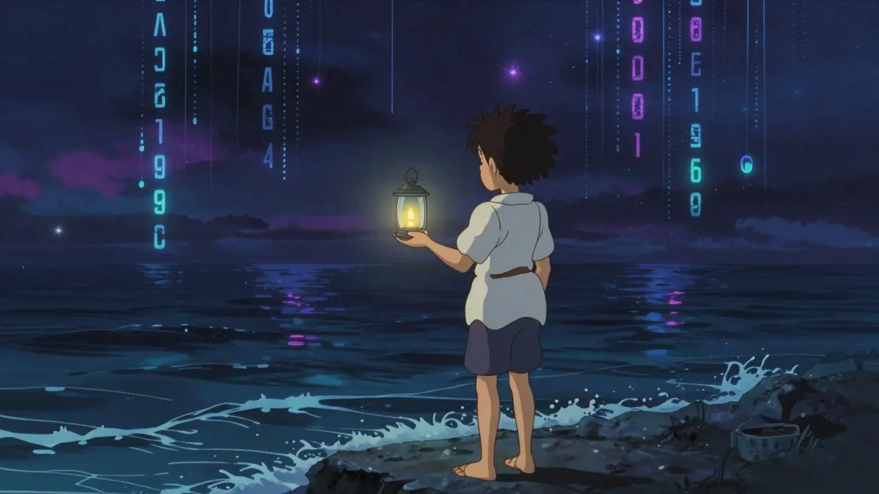 A character holding a glowing lantern near a dark ocean in an anime setting