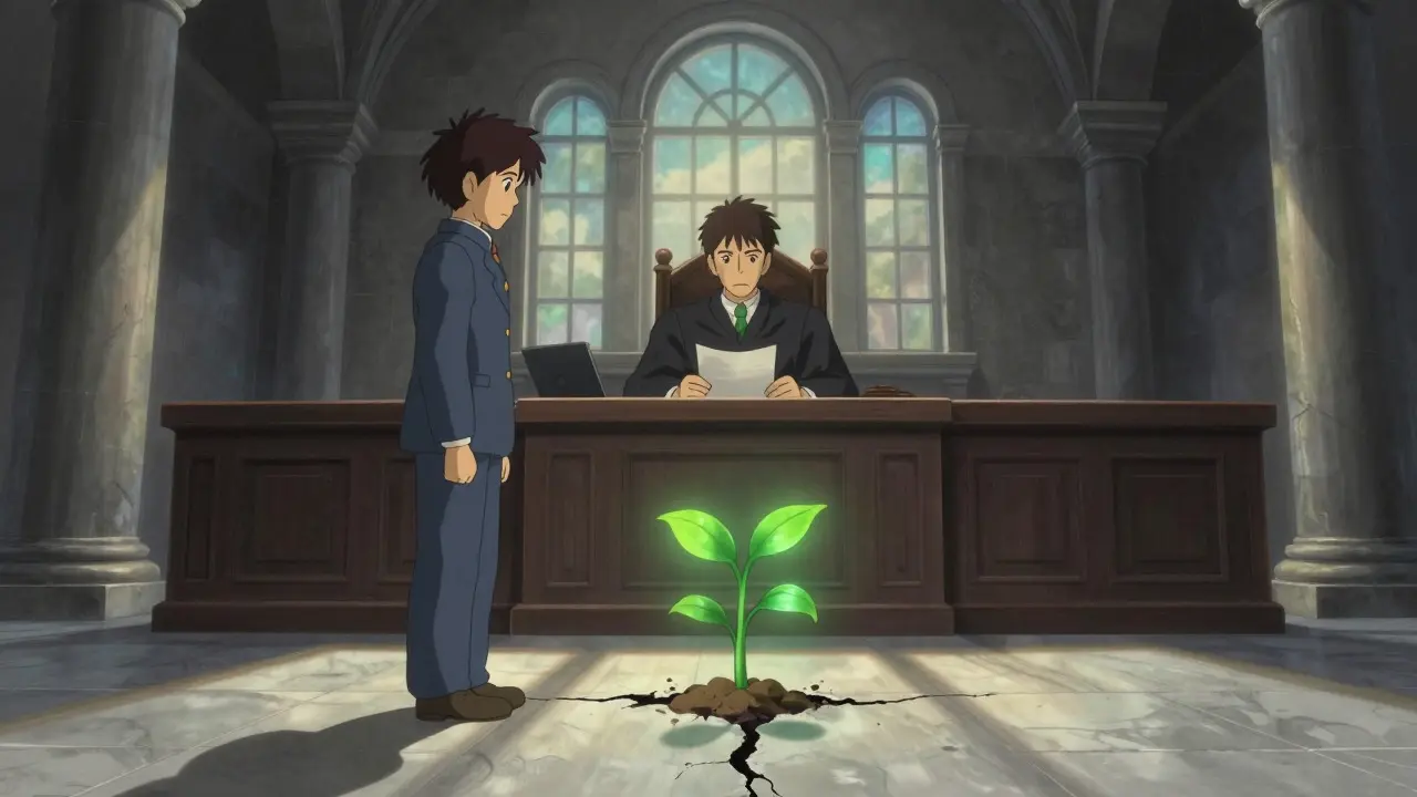 A courtroom scene with a glowing plant symbolizing resilient open-source code amidst legal proceedings