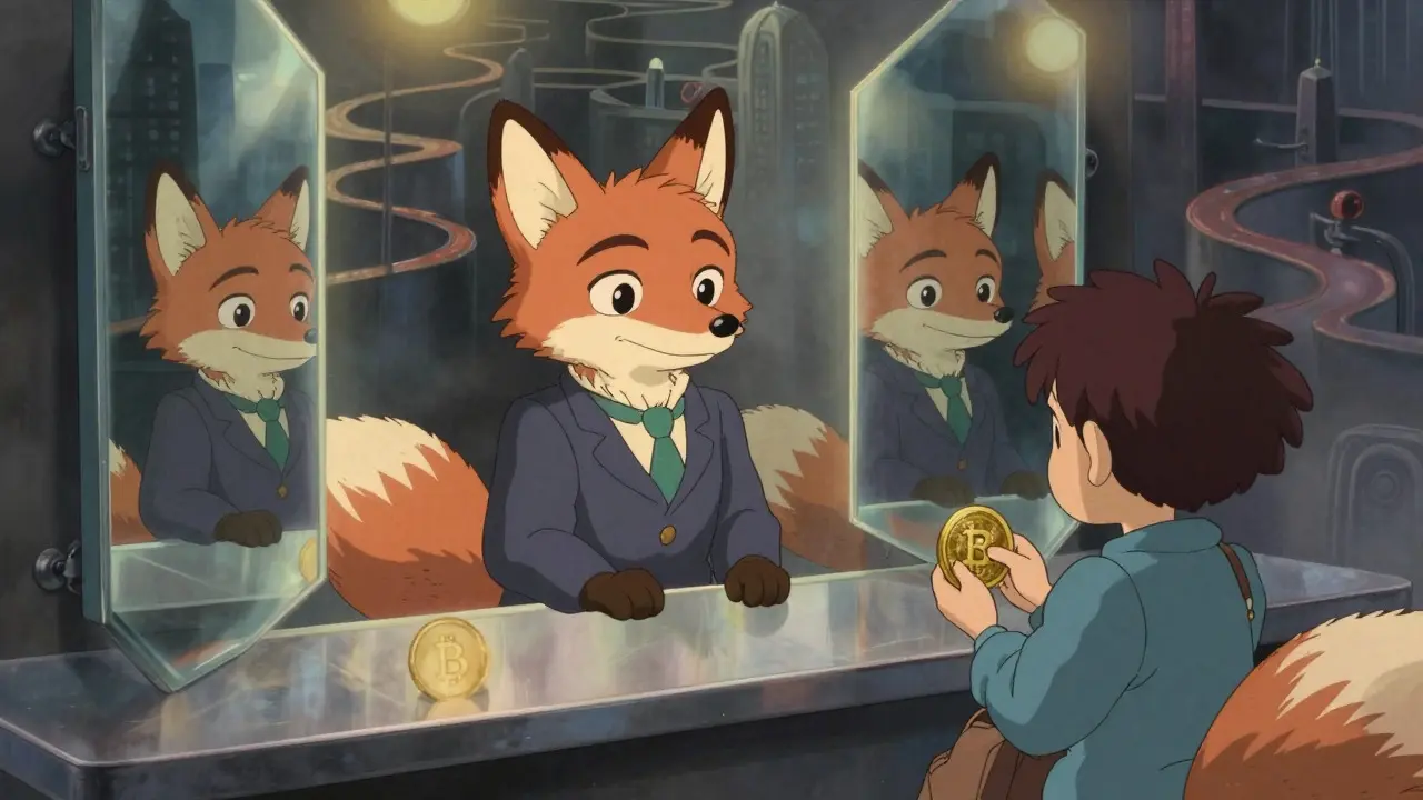 A fox-like scammer in a mirror maze confusing a victim with coins, Studio Ghibli anime style.