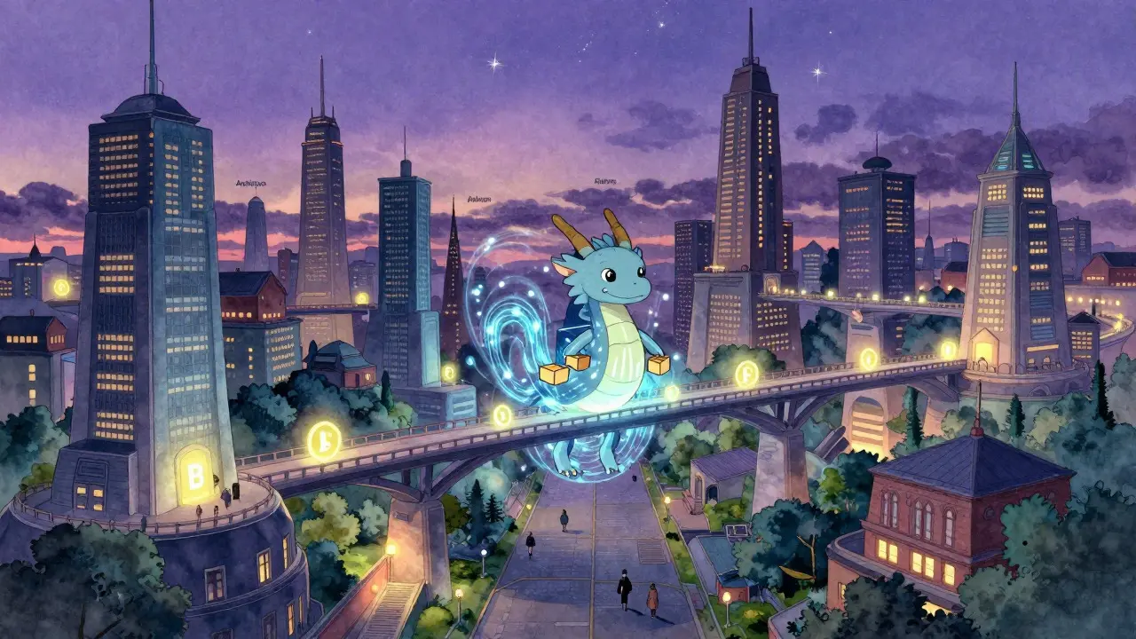 A futuristic cityscape with light bridges connecting districts, symbolizing multi-chain support and growth