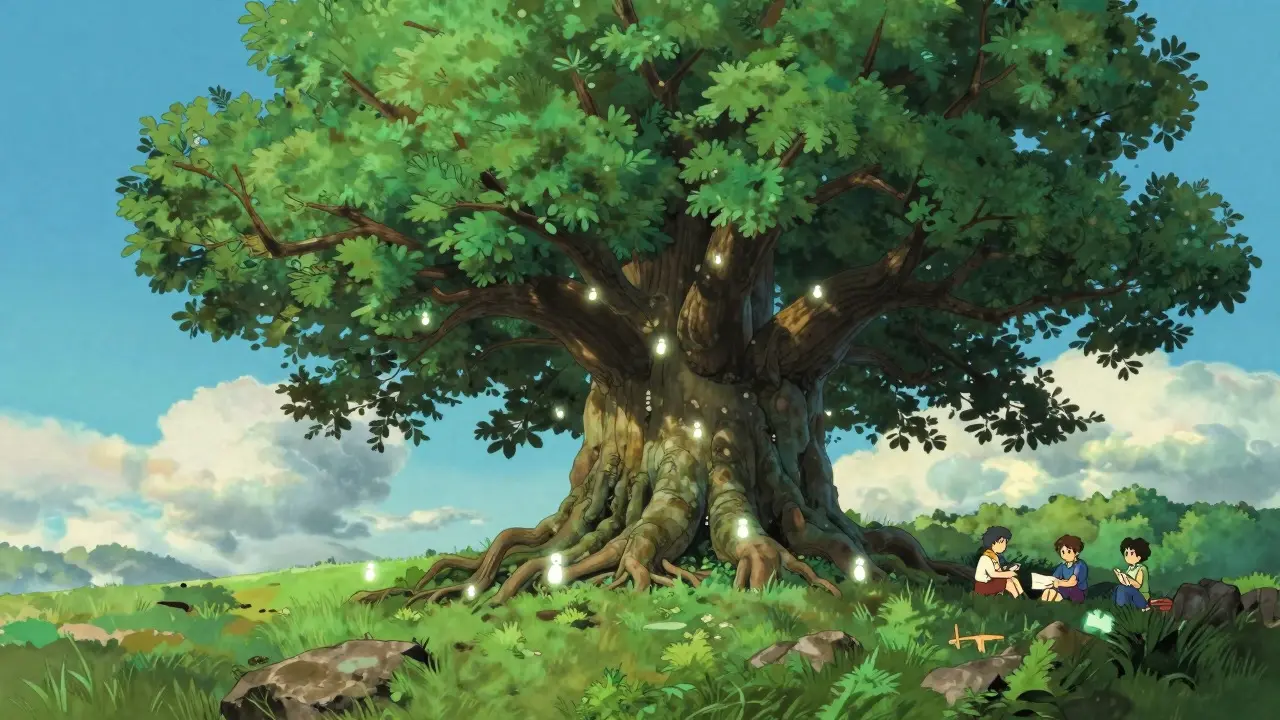 A large, sturdy tree with protective lights at its base, representing security and long-term stability.