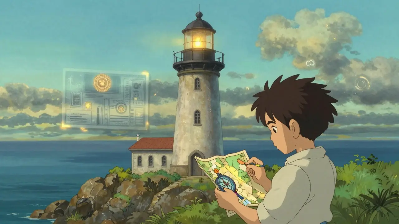 A safe lighthouse with blueprints and a traveler checking a map, representing verified exchanges, Studio Ghibli style.