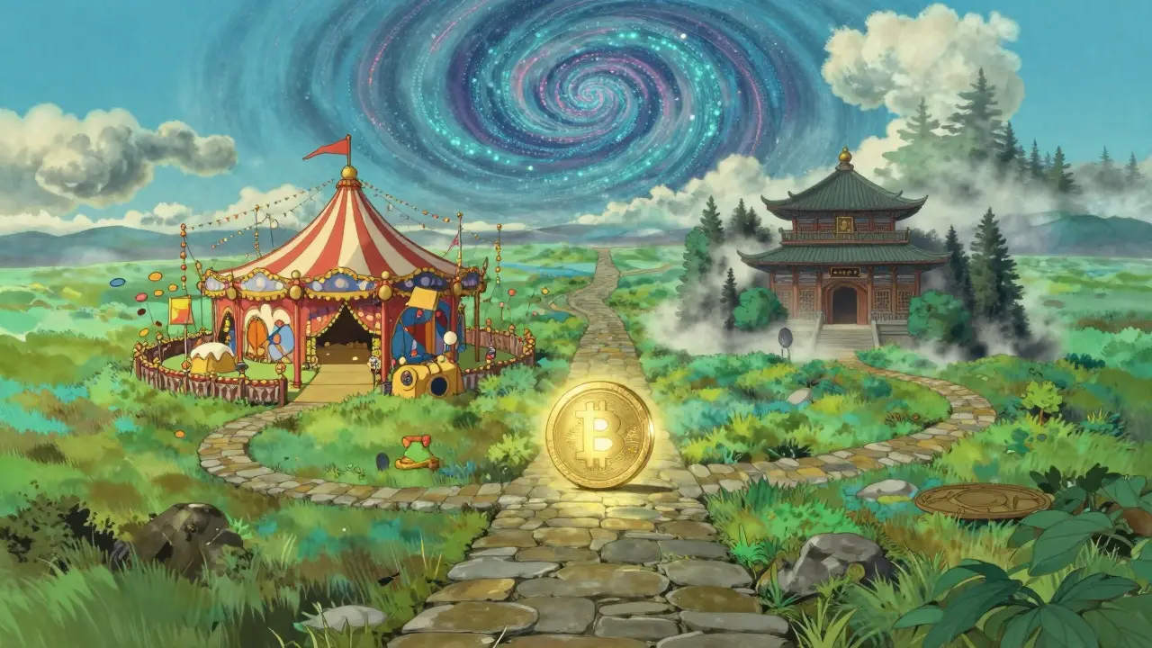 A split path in a mystical landscape with a central coin, depicted in anime style