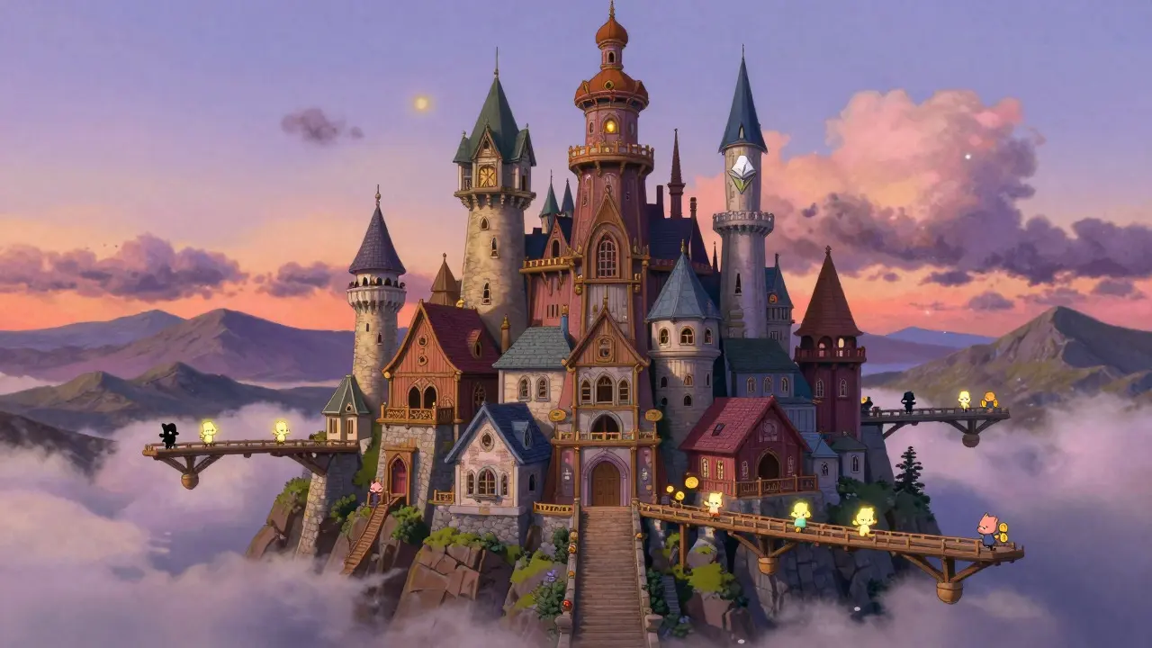 A whimsical mountain castle with floating bridges connecting different towers at twilight