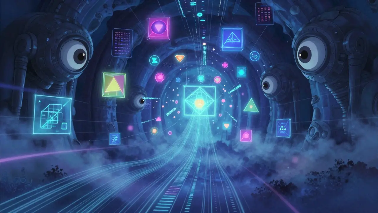 Abstract digital guardians inspecting data streams in Ghibli style