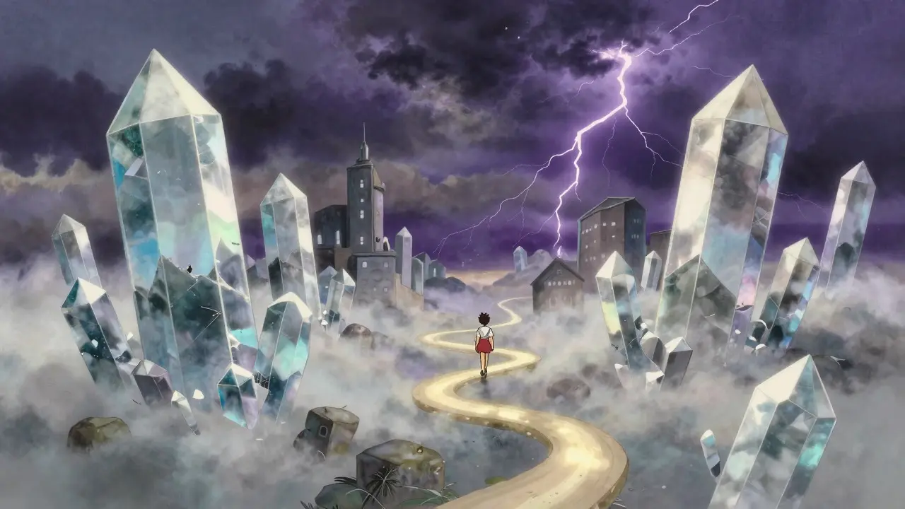 Abstract Ghibli landscape of floating crystals representing crypto markets