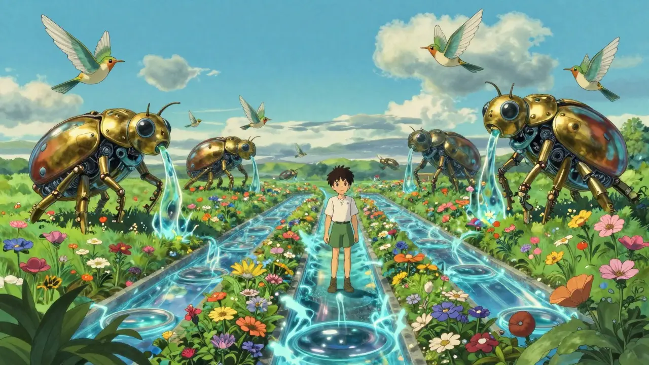 Anime garden with mechanical creatures gathering energy from specific plant bands