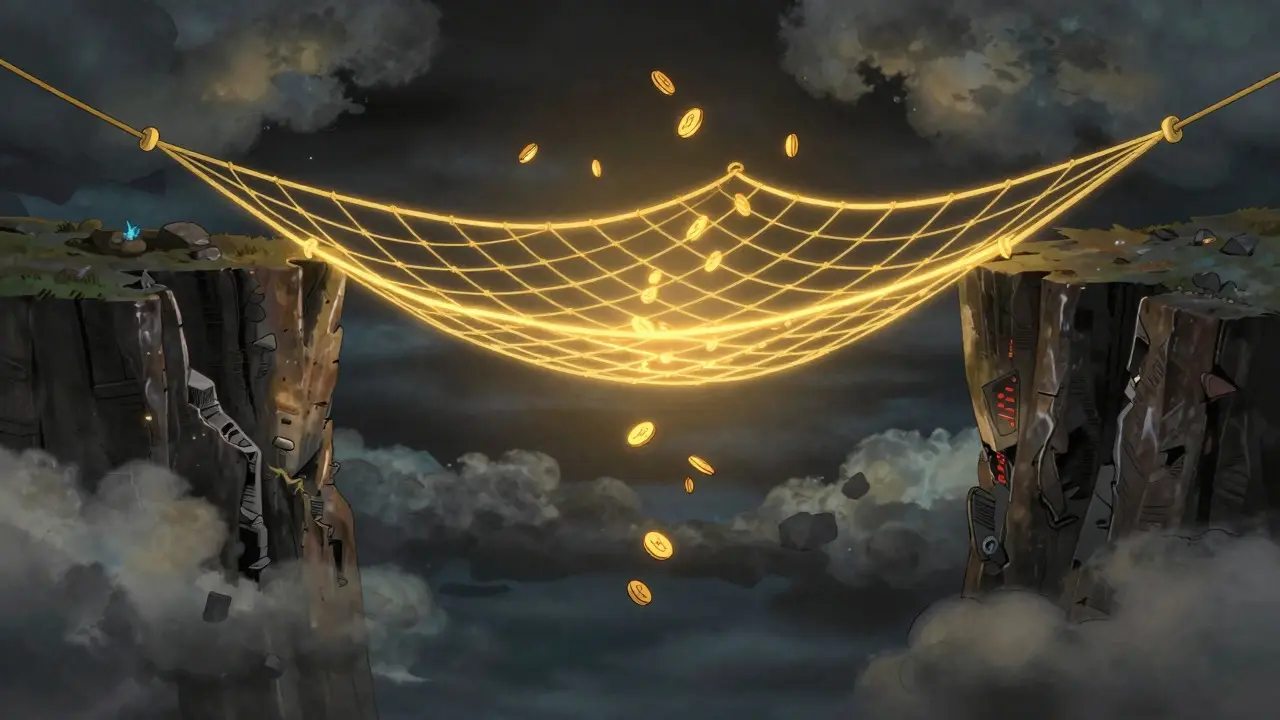 Anime illustration of a golden safety net protecting assets from a market cliff