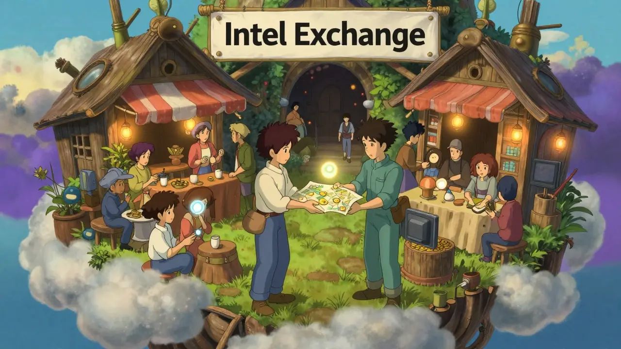 Anime marketplace scene where characters trade glowing info orbs for coins