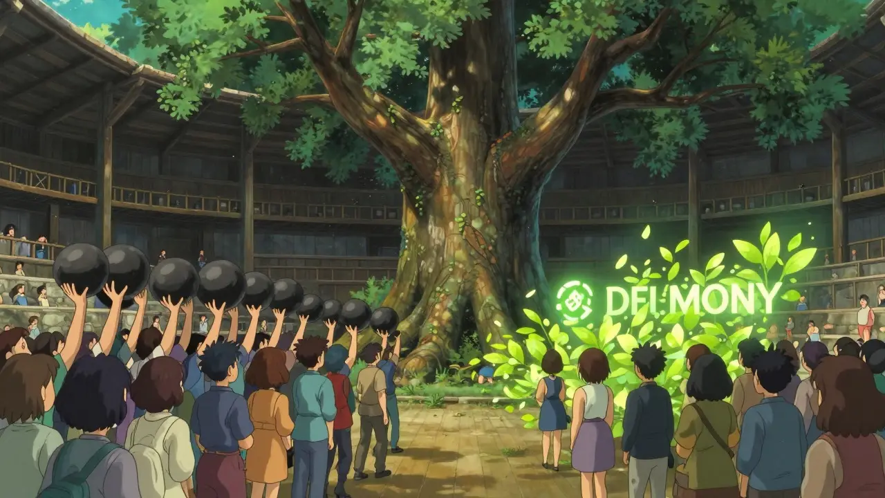 Anime scene of a community splitting paths under a large tree in a stone amphitheater