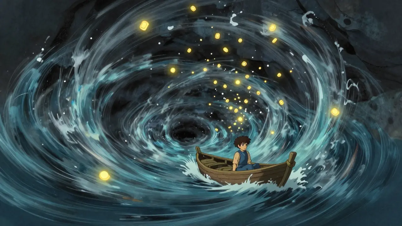 Anime-style turbulent sea with a small boat navigating a vortex of glowing particles