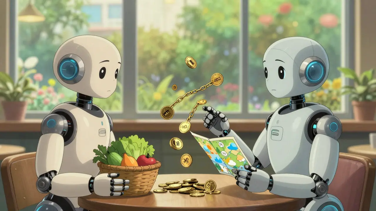 Anime style: Two cute AI robots exchanging glowing tokens over a table in a sunny cafe.
