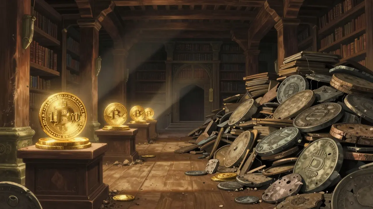 Bright gold coins glow beside piles of dusty, abandoned stone tokens.