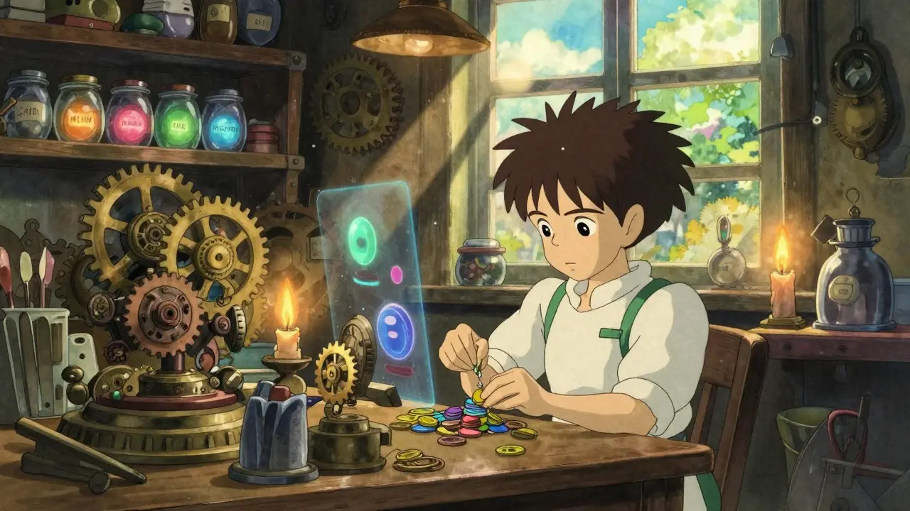 Character assembling glowing tokens in a cozy, sunlit workshop