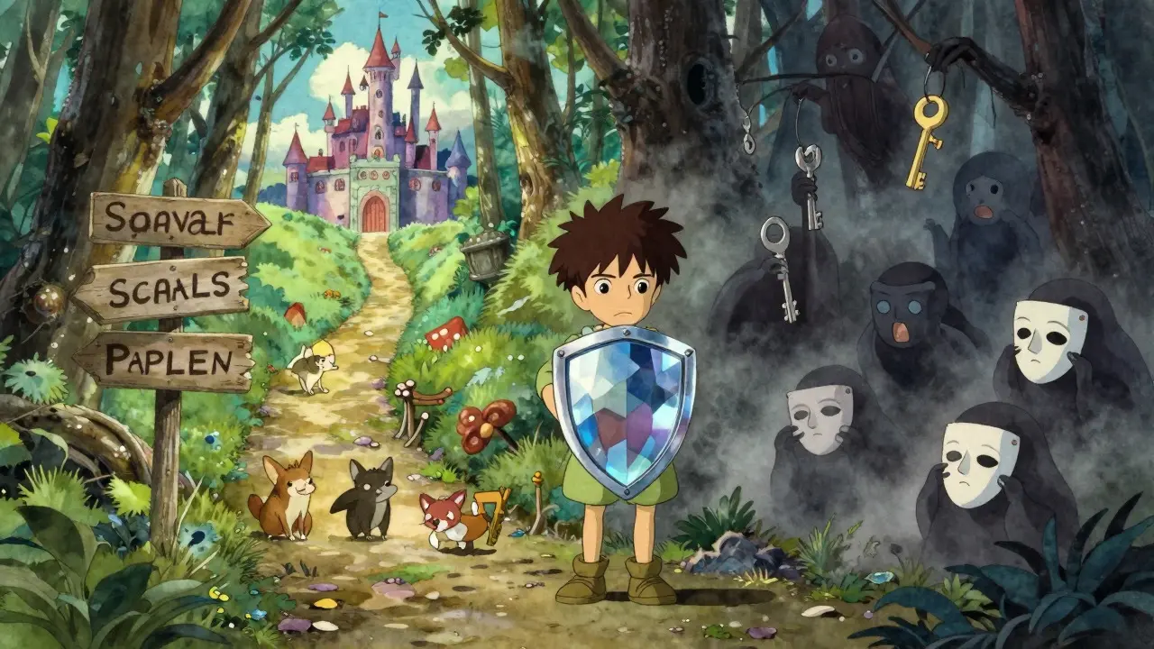 Character choosing between safe and dangerous paths in a fantasy forest