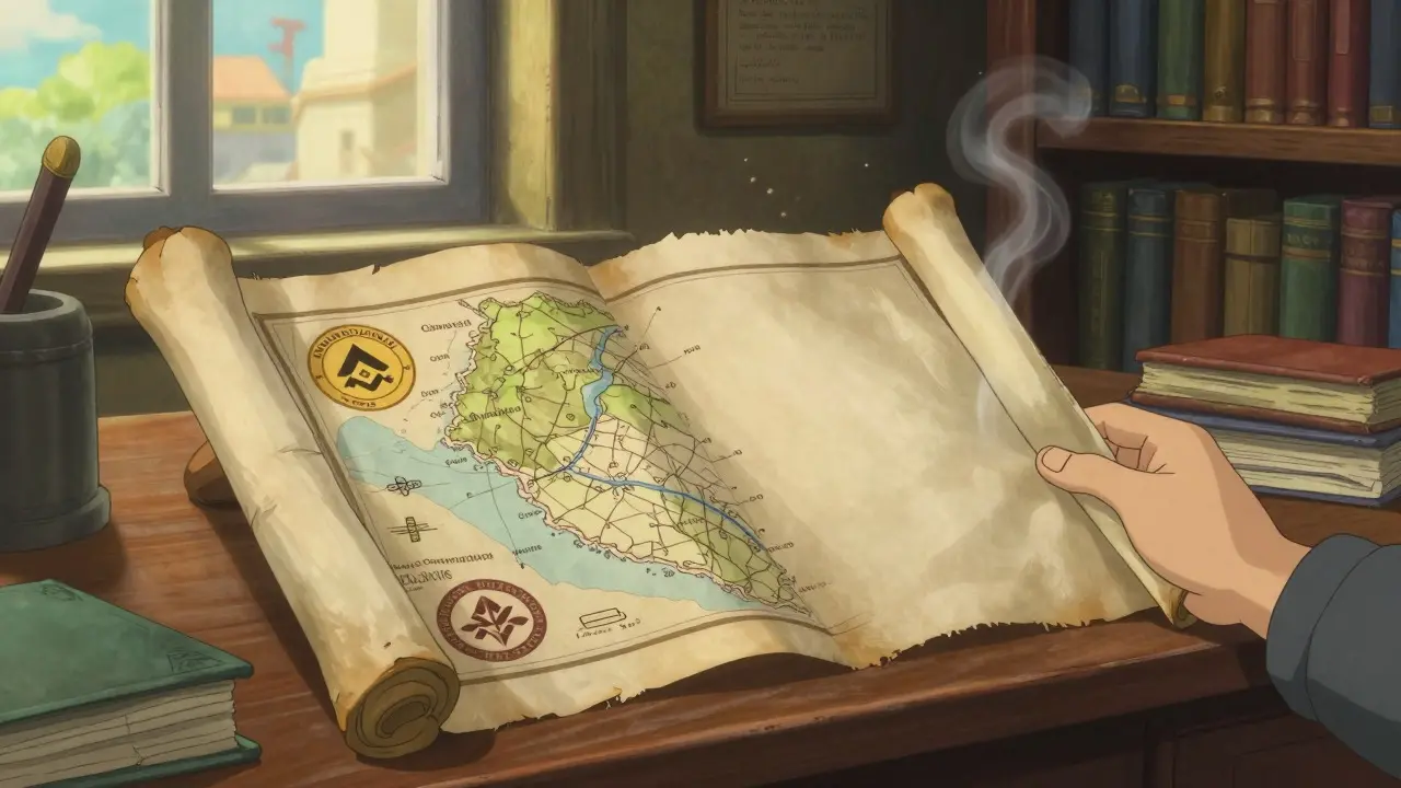 Character comparing verified and blank financial scrolls, Ghibli style